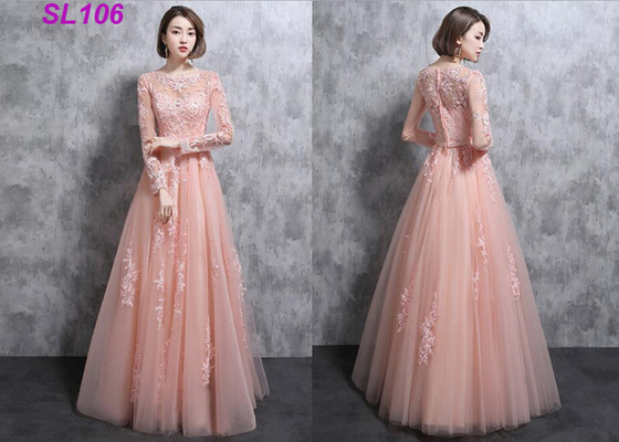 Spring Elegantly Long Lace Prom Dresses , Pink Long Sleeve Prom Dresses