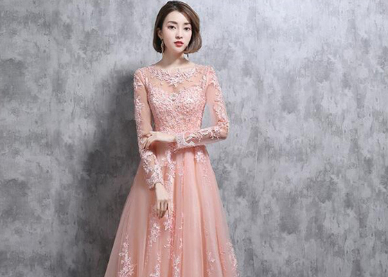 Spring Elegantly Long Lace Prom Dresses , Pink Long Sleeve Prom Dresses