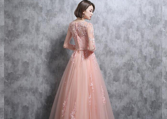 Spring Elegantly Long Lace Prom Dresses , Pink Long Sleeve Prom Dresses