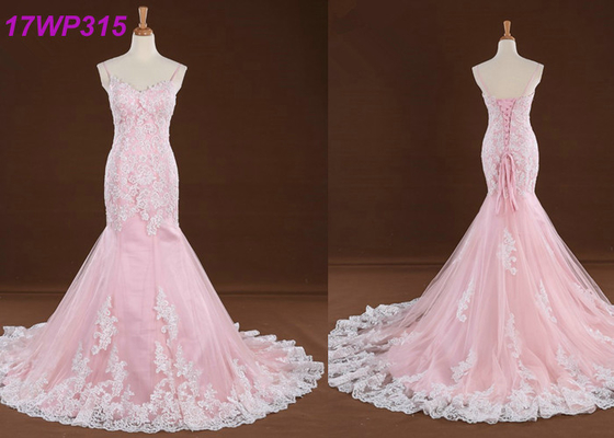 Spaghetti Straps Colored Mermaid Wedding Dresses , Sweep Train Pink Colour Wedding Gown