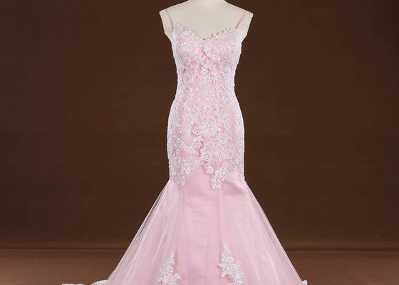 Spaghetti Straps Colored Mermaid Wedding Dresses , Sweep Train Pink Colour Wedding Gown