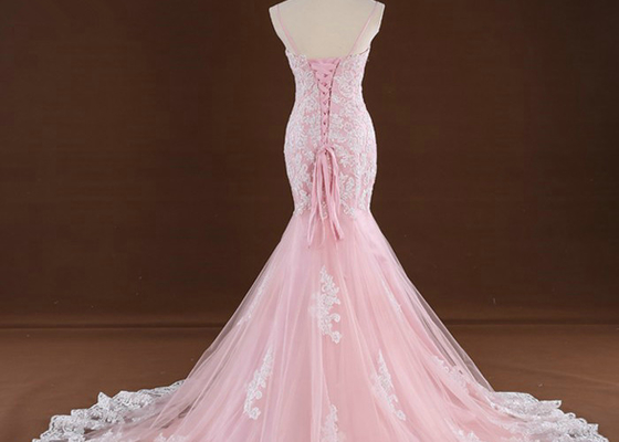 Spaghetti Straps Colored Mermaid Wedding Dresses , Sweep Train Pink Colour Wedding Gown
