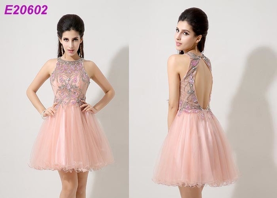 Casual Tulle Pink Ladies Cocktail Dresses With Crystal Pattern Pearl Decoration 2.4