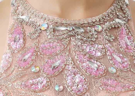 Casual Tulle Pink Ladies Cocktail Dresses With Crystal Pattern Pearl Decoration 2.4