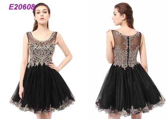 Boat Neck Tulle Beading Ladies Cocktail Dresses For Wedding Party Black And Champange