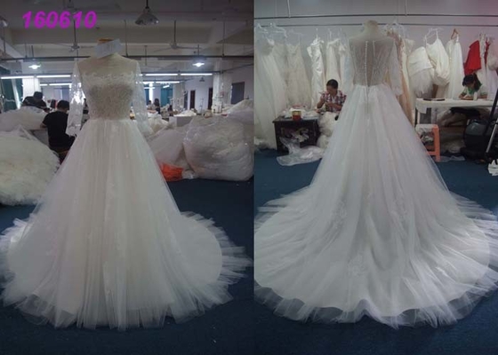 Boat Neckline Pearls Muslim A Line Ball Gown Wedding Dress For Girls Lace Appliques