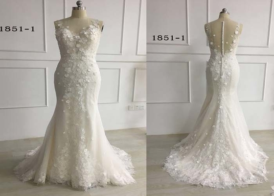3D Embroidery White Mermaid Style Wedding Dress For Girls Glitter Tulle Sleeveless