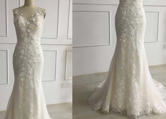 3D Embroidery White Mermaid Style Wedding Dress For Girls Glitter Tulle Sleeveless