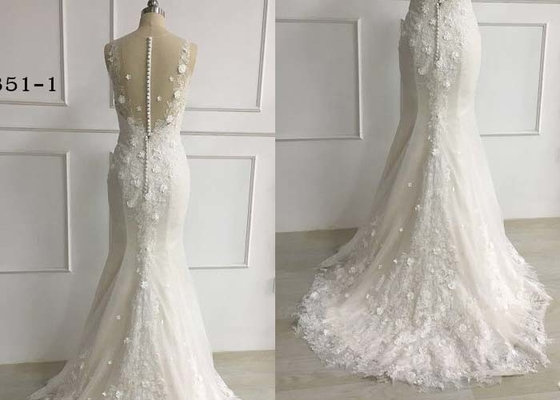 3D Embroidery White Mermaid Style Wedding Dress For Girls Glitter Tulle Sleeveless