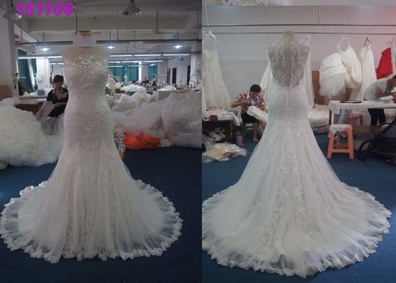 Sleeveless Style Fit And Flare Wedding Dress , Woman Tulle Mermaid Bridal Gowns