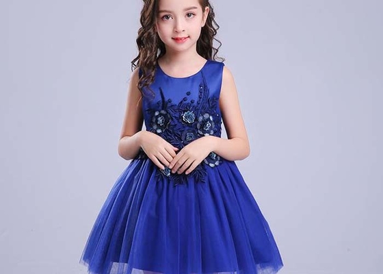 Washable Navy Flower Girl Dresses , Floral Fluffy Little Girl Flower Girl Dresses
