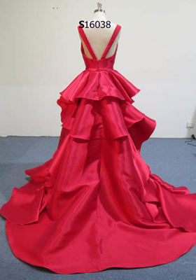 V Neckline Ruffle Back Bright Red Dress Gown For Wedding , Luxury Wedding Dresses