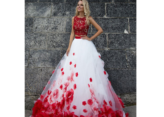 Vintage Two Pieces Ball Gown Prom Dresses Applique Flowers Evening Dress