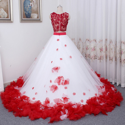 Vintage Two Pieces Ball Gown Prom Dresses Applique Flowers Evening Dress