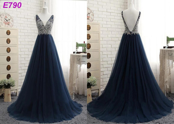 V neckline backless تسمه beading یک خط تیره bule توری لباس عصر